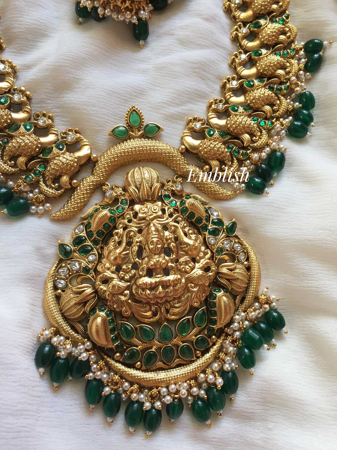 Gold alike Lakshmi with Double Peacock Long Neckpiece - Green Beads.
